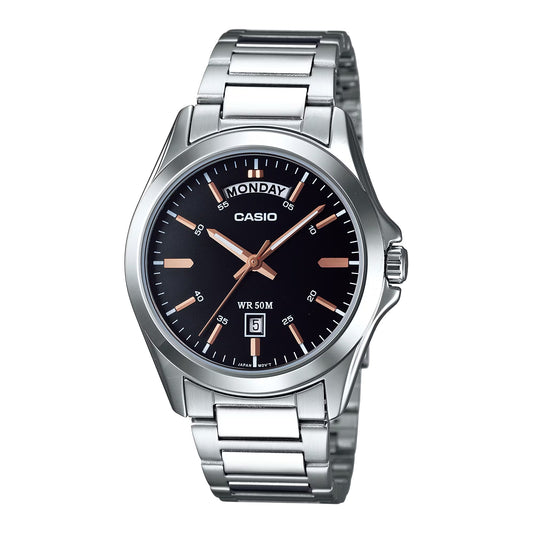 Casio MTP‑1370D‑1A2VDF – Classic Black Dial Day‑Date Stainless Steel Watch