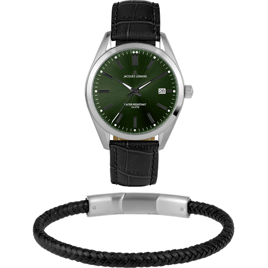 Jacques Lemans 1-2143D Men’s Watch – Green Dial, Leather Strap, Classic Design