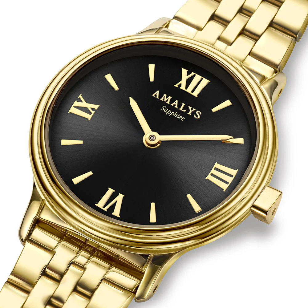 Amalys AMW-198 Women’s Watch – Gold Stainless Steel, Black Dial, Sapphire Glass