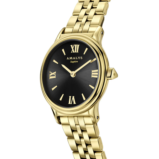 Amalys AMW-198 Women’s Watch – Gold Stainless Steel, Black Dial, Sapphire Glass