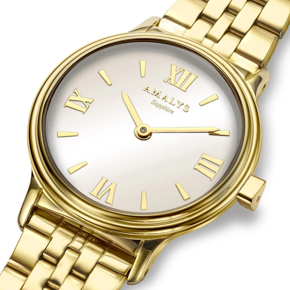 Amalys AMW-199 Women’s Watch – Gold Stainless Steel, Roman Numerals, Sapphire Glass