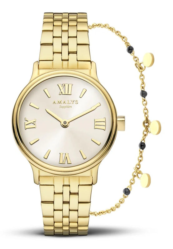 Amalys AMW-199 Women’s Watch – Gold Stainless Steel, Roman Numerals, Sapphire Glass