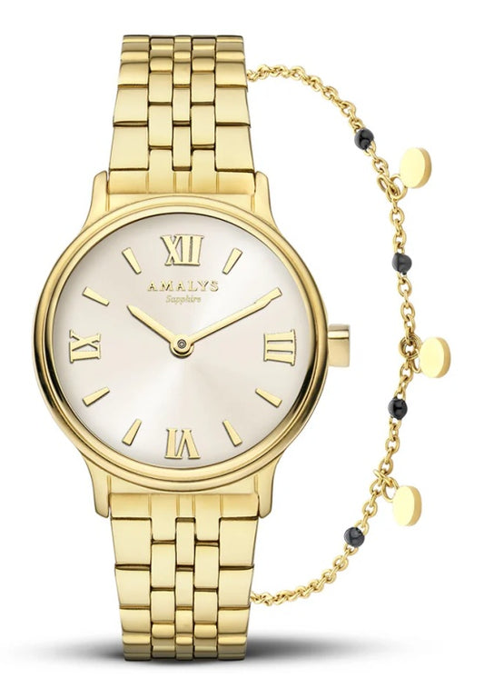 Amalys AMW-199 Women’s Watch – Gold Stainless Steel, Roman Numerals, Sapphire Glass